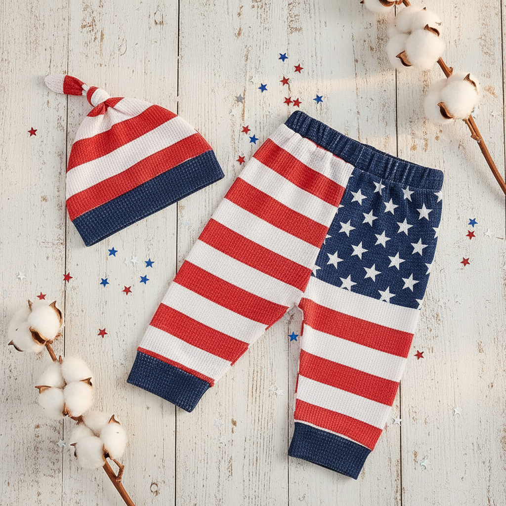 Baby "The First July 4th" 3-Piece Patriotic Set – Waffle Knit Bodysuit, Flag Pants & Knotted Hat