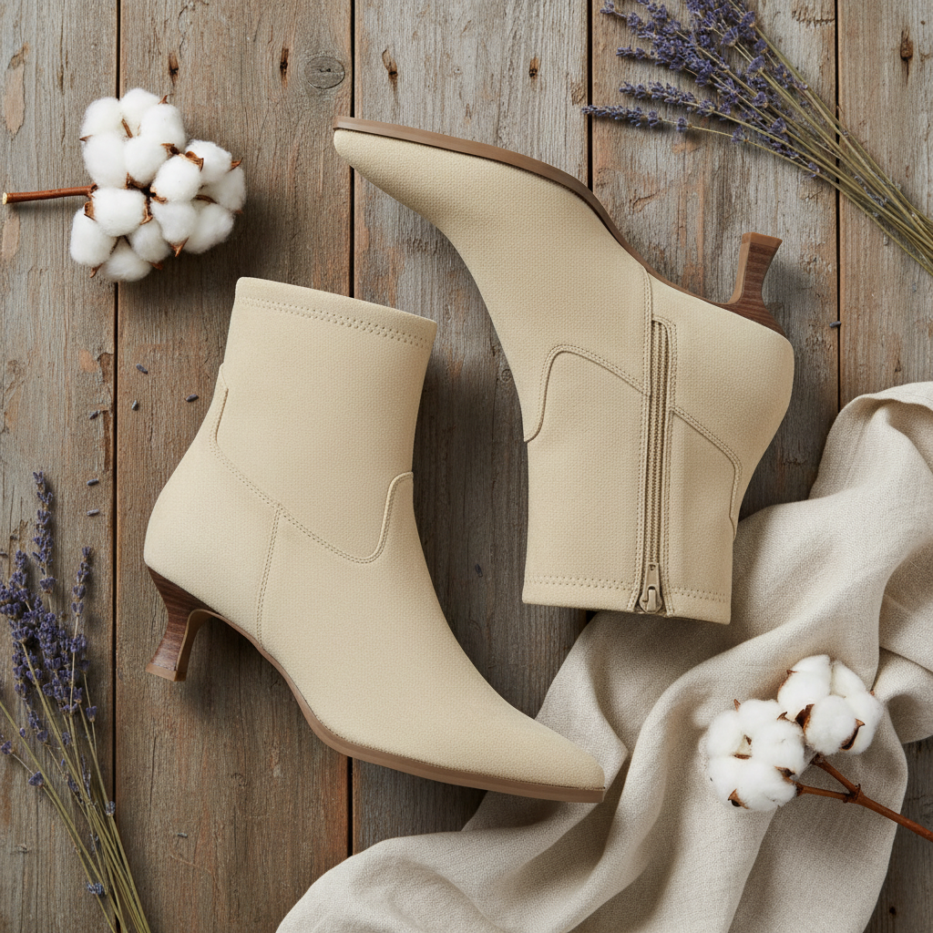 Women's Cream Suede Pointed Toe Ankle Boots with Kitten Heel