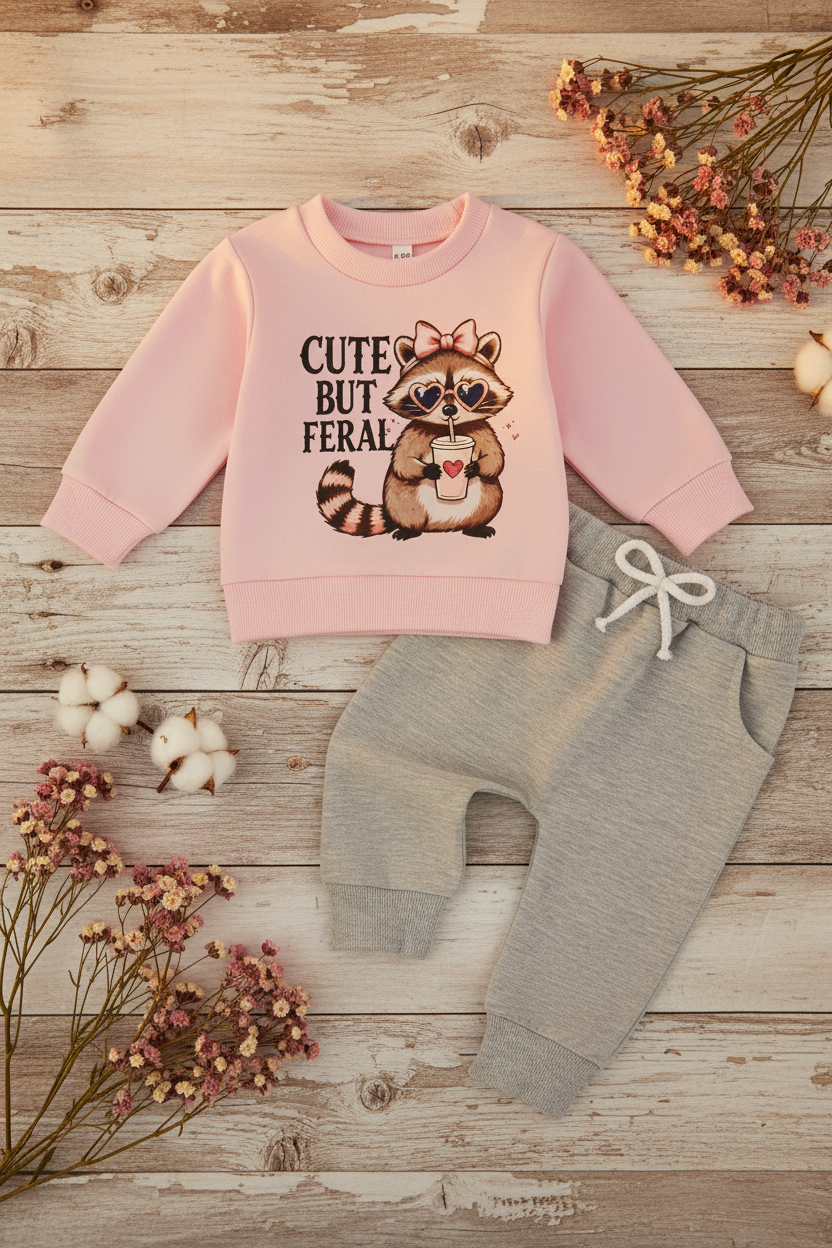 Cute But Feral Baby Girl Sweatshirt & Jogger Set