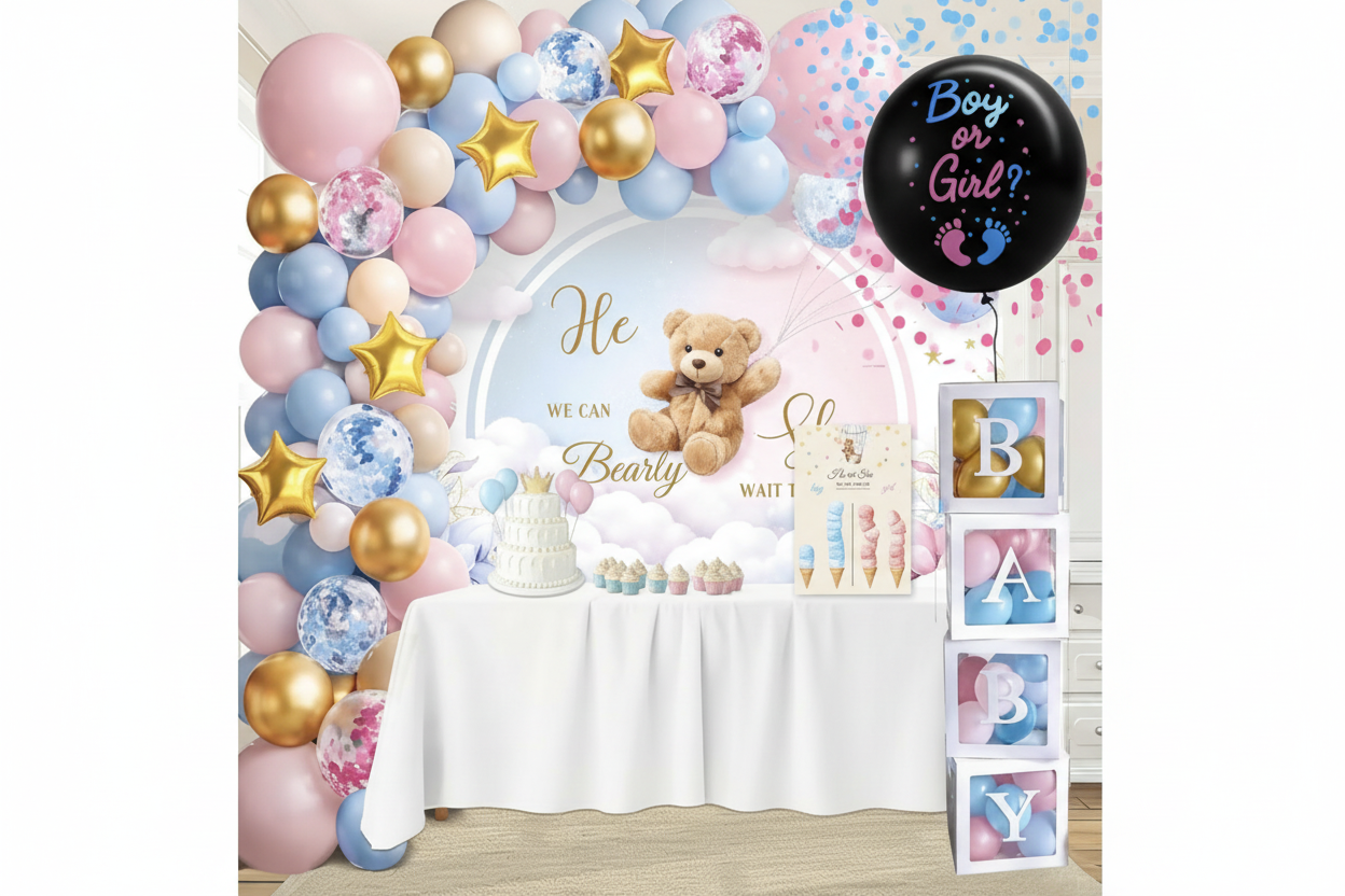 Gender Reveal Party Decorations Kit – 120+ Piece He or She Bearly Wait Teddy Bear Theme
