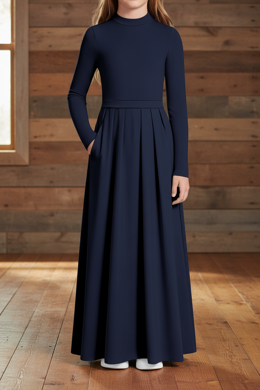Girls Navy Long Sleeve Maxi Dress with Pockets