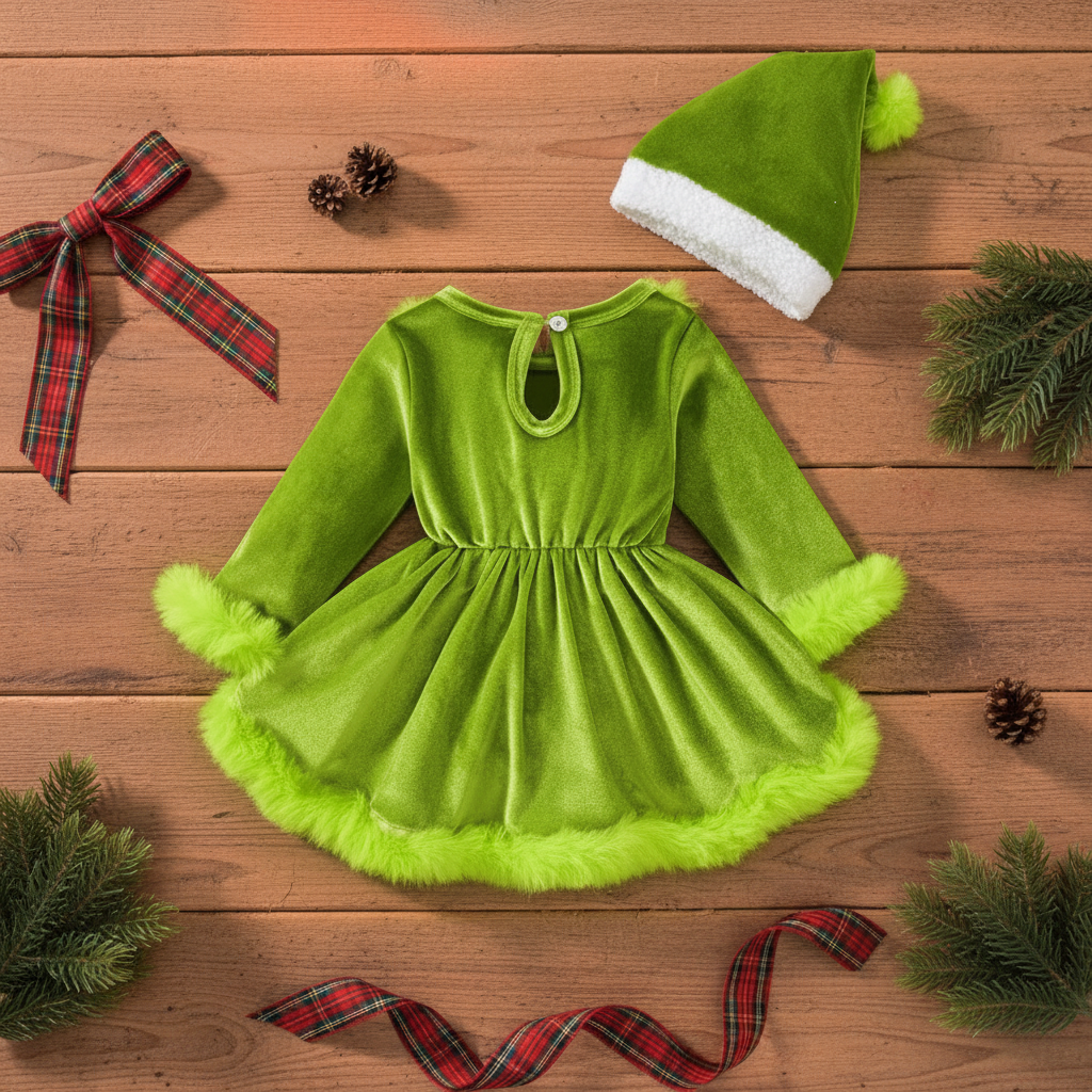Holiday Green Velvet Romper Dress with Hat