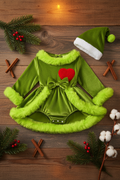 Holiday Green Velvet Romper Dress with Hat