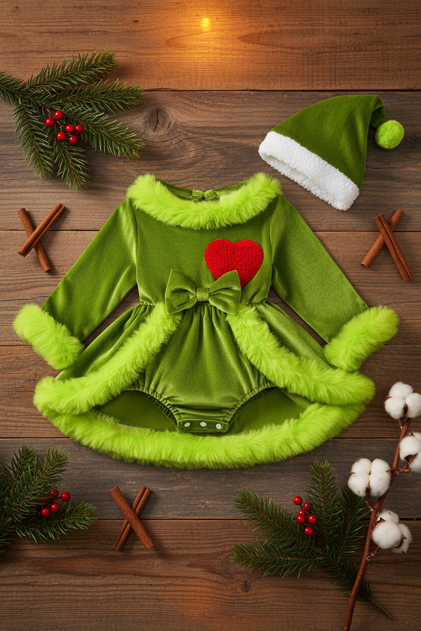 Holiday Green Velvet Romper Dress with Hat
