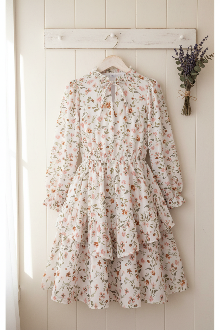 Girls Floral Chiffon Tiered Dress