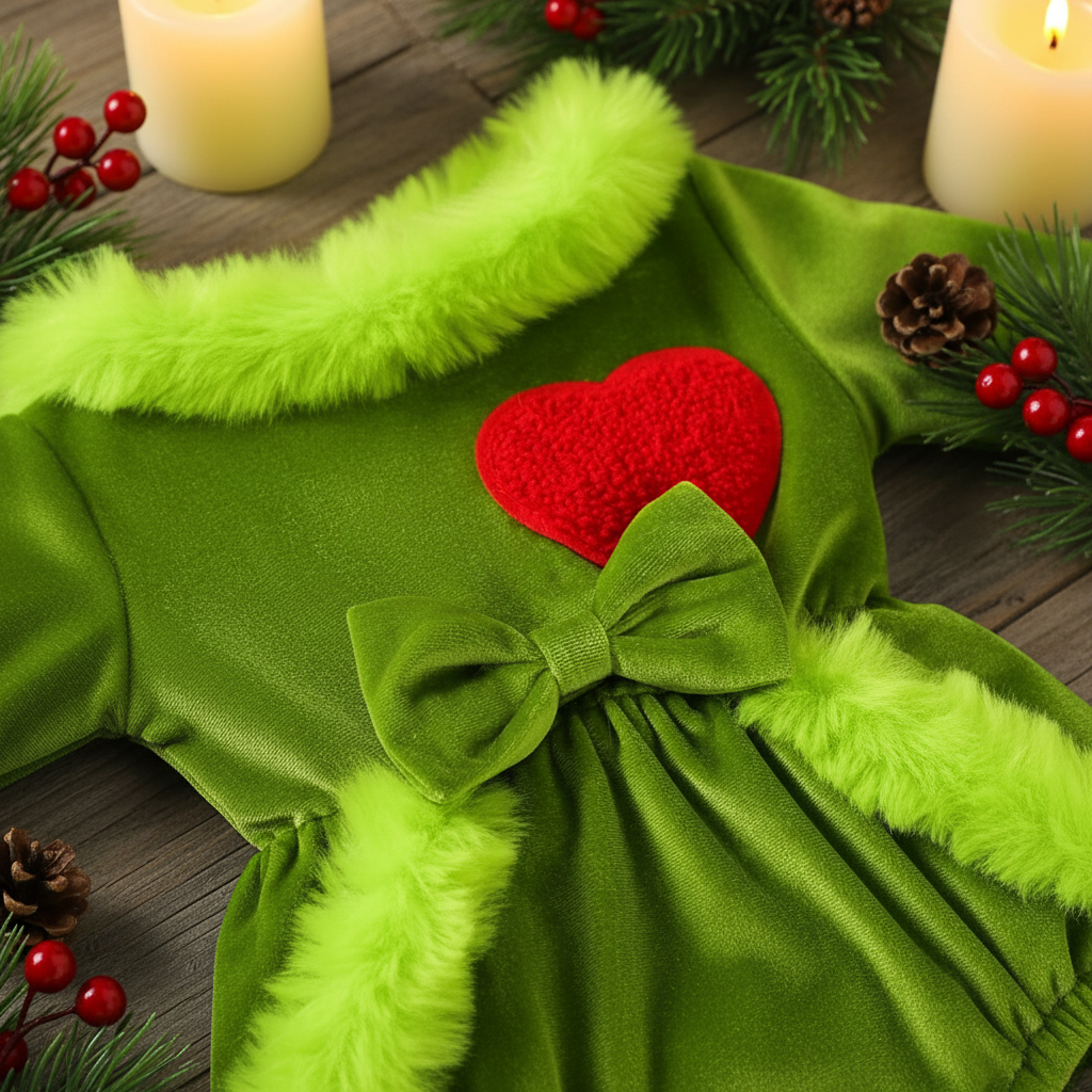 Holiday Green Velvet Romper Dress with Hat