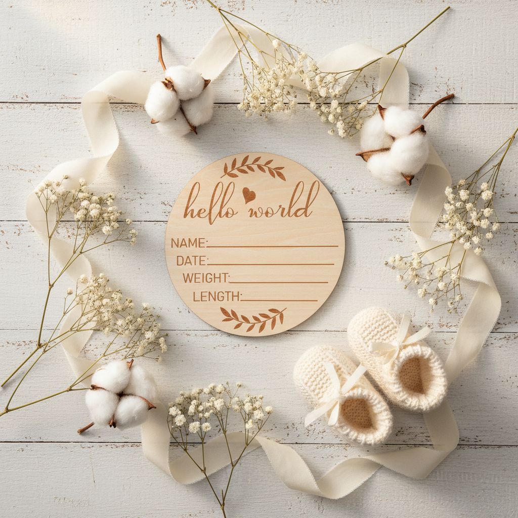 Hello World Wooden Birth Announcement Sign – Newborn Keepsake & Hospital Photo Prop
