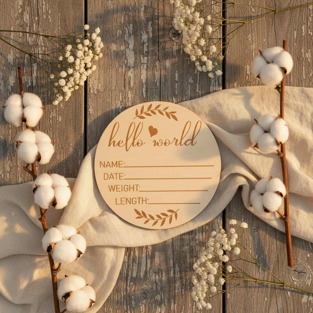 Hello World Wooden Birth Announcement Sign – Newborn Keepsake & Hospital Photo Prop