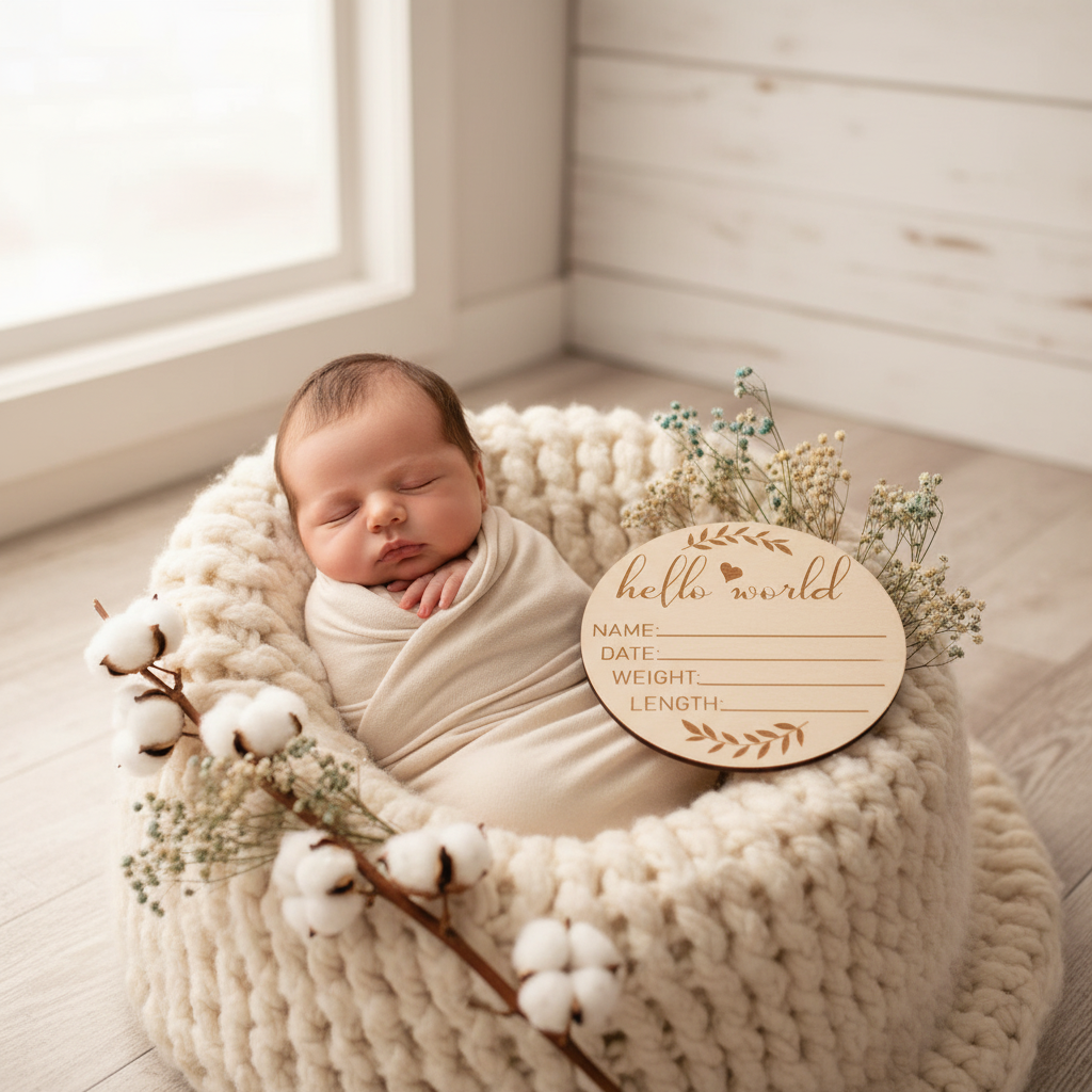 Hello World Wooden Birth Announcement Sign – Newborn Keepsake & Hospital Photo Prop