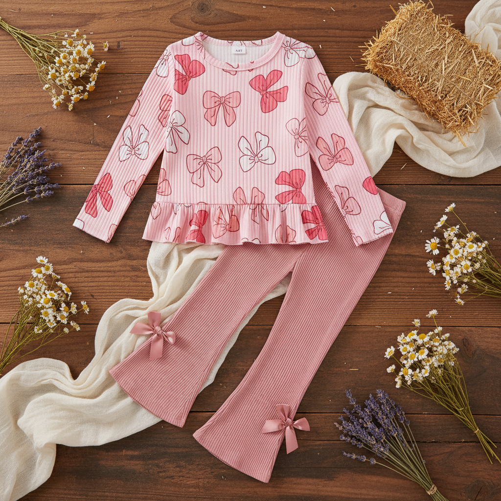 Little Girls' Bow Print Ribbed 2-Piece Set – Ruffle Top & Flare Pants