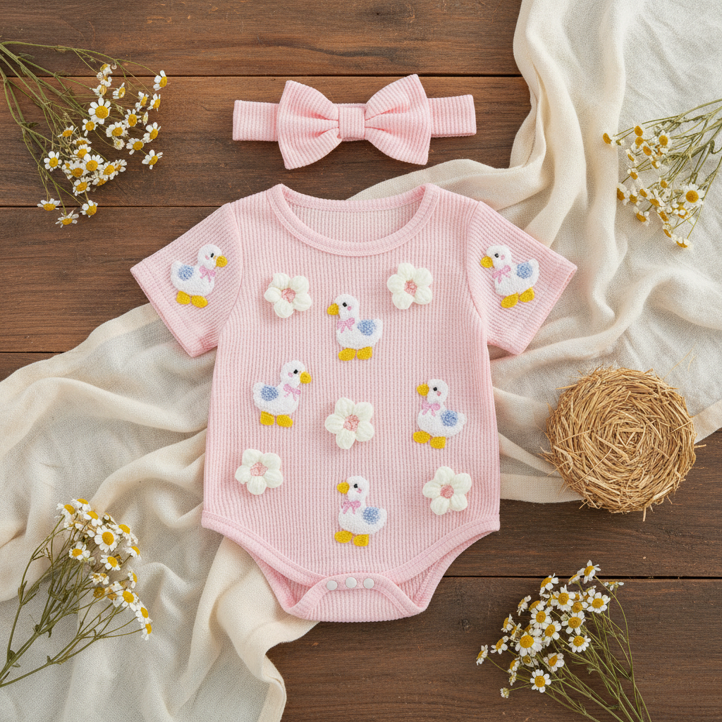 Baby Girl Duck & Daisy Ribbed Romper Set