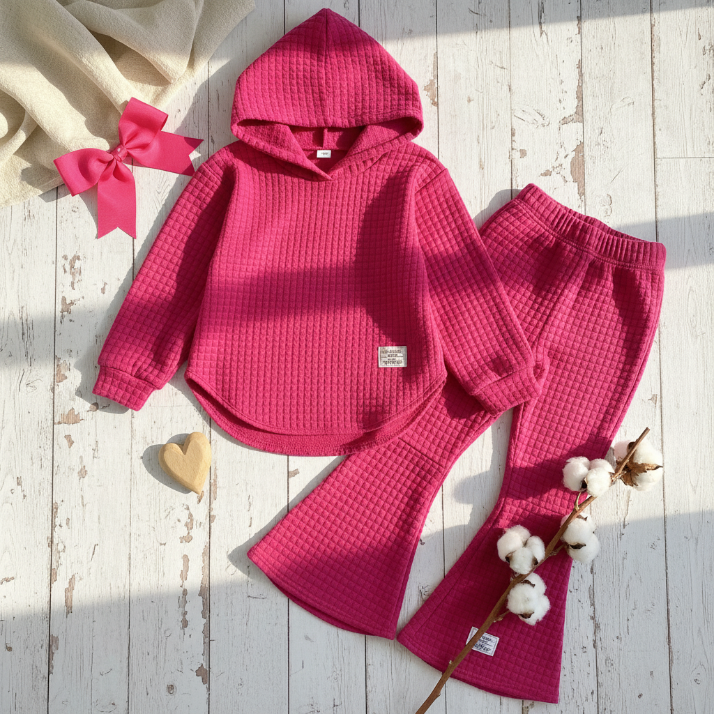 Hot Pink Waffle Knit Hoodie & Flare Pants Set