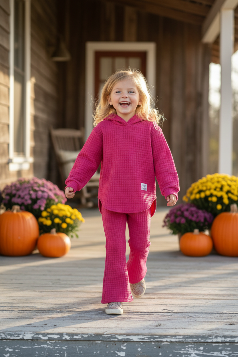 Hot Pink Waffle Knit Hoodie & Flare Pants Set