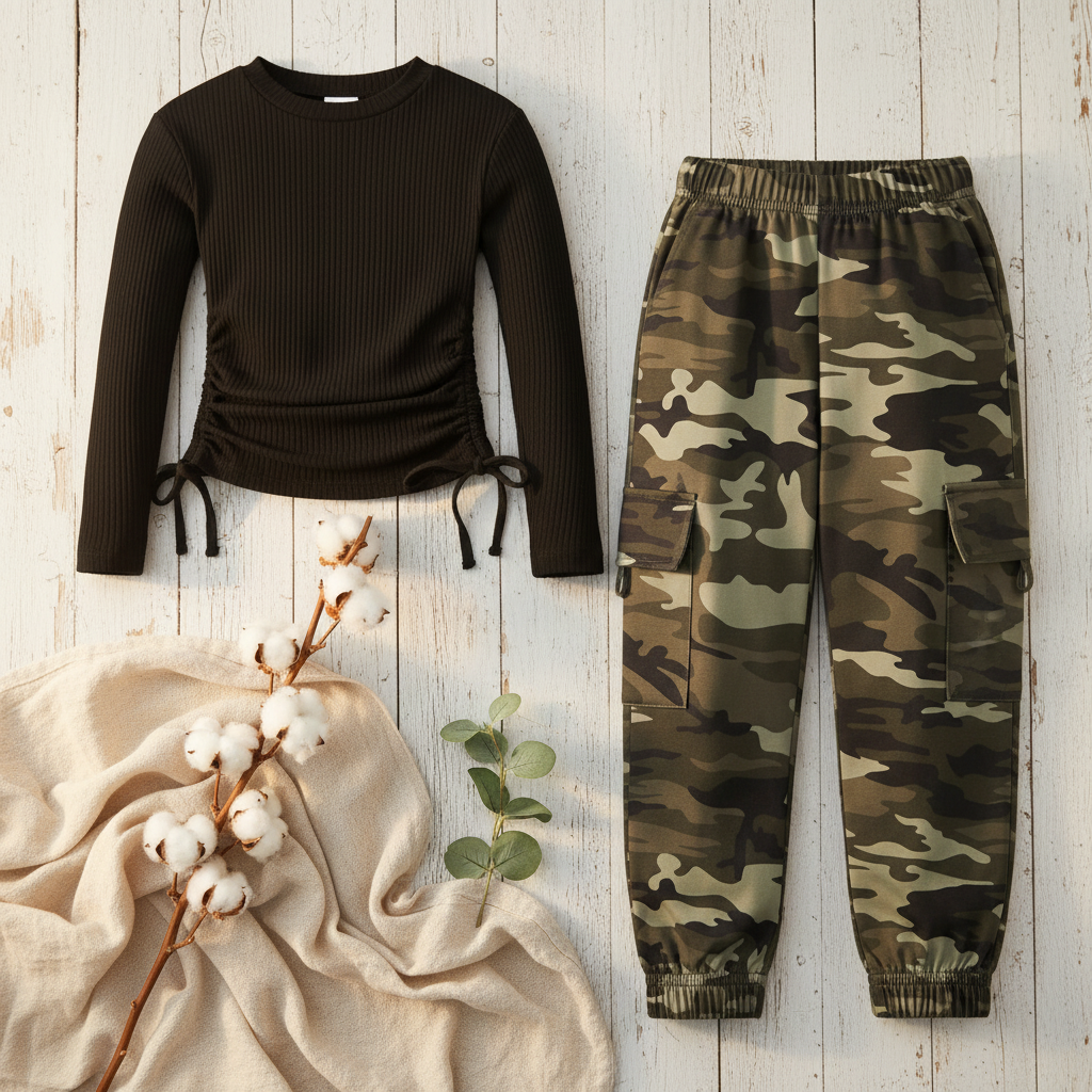 Girls Black Ruched Side-Tie Top & Camo Cargo Jogger Pants Set