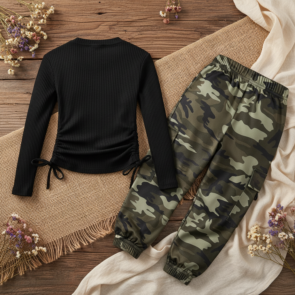Girls Black Ruched Side-Tie Top & Camo Cargo Jogger Pants Set