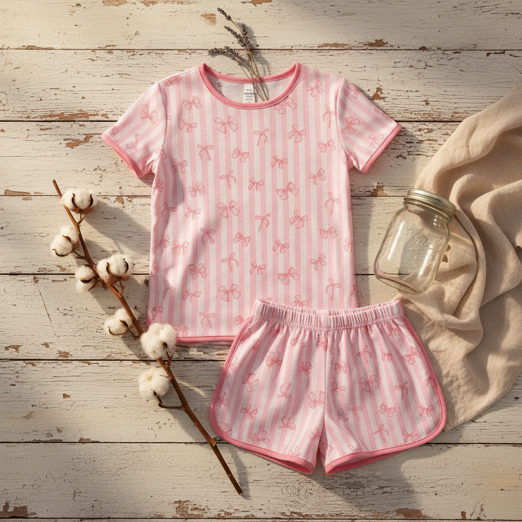 Girls Pink Bow Print Organic Cotton Pajama Set