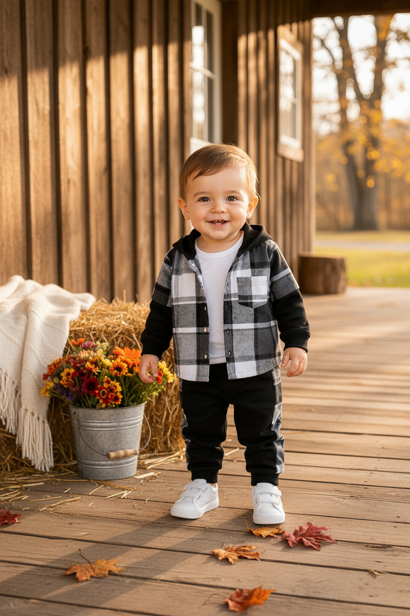 Baby Boy Plaid Hooded Shacket & Jogger 3-Piece Set