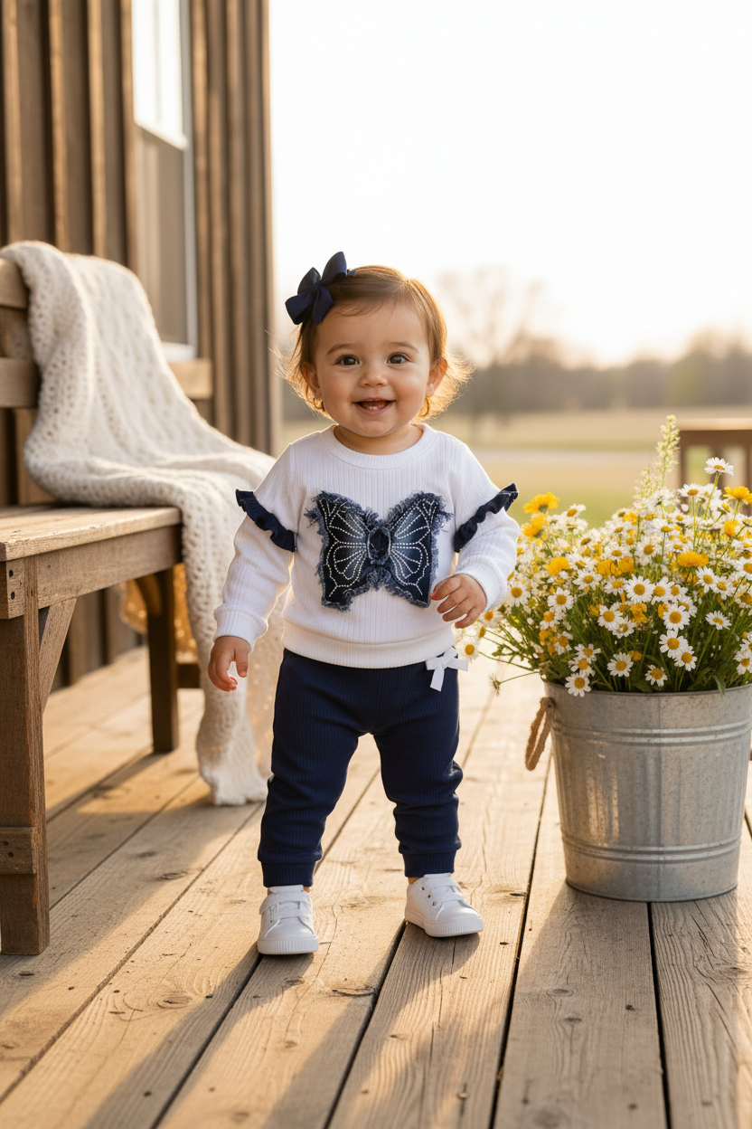 Baby Girl 3D Denim Butterfly Sweatshirt & Jogger Set