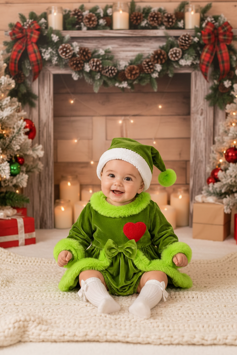 Holiday Green Velvet Romper Dress with Hat