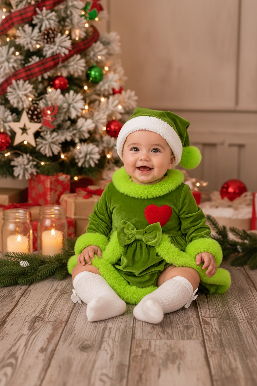 Holiday Green Velvet Romper Dress with Hat