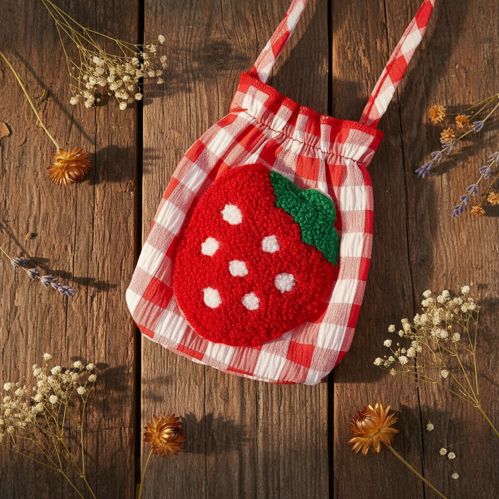 Strawberry Gingham Romper Dress with Mini Purse