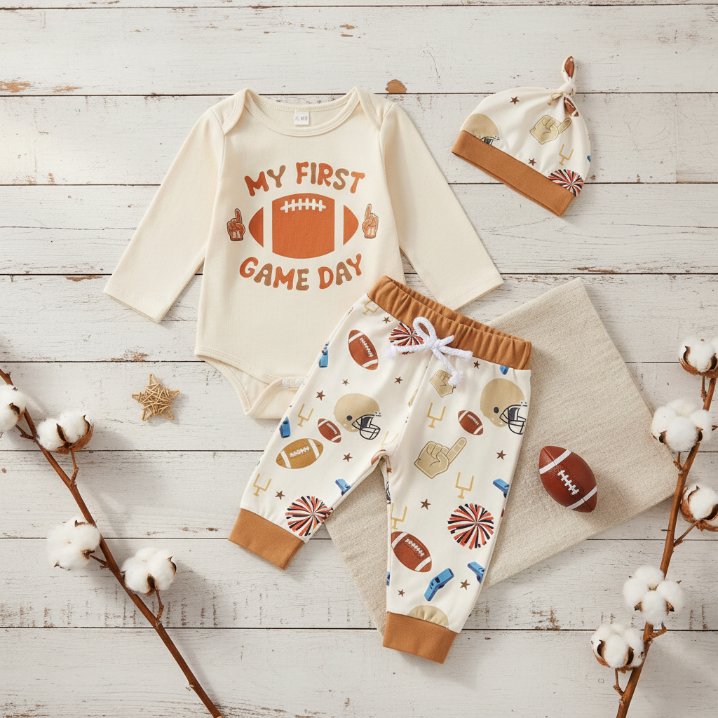 Baby "My First Game Day" 3-Piece Football Set – Bodysuit, Jogger Pants & Knotted Hat