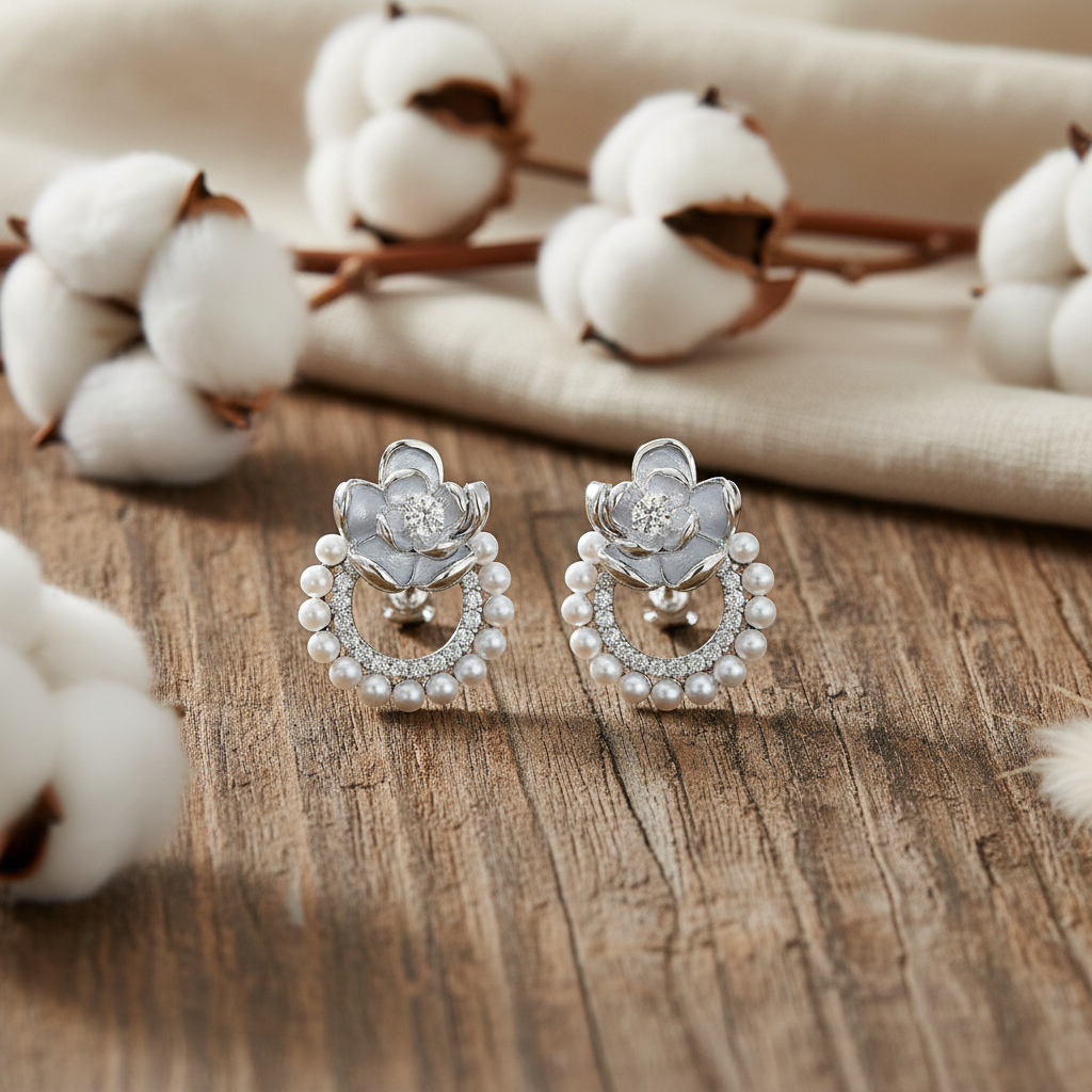 Pearl Flower Crystal Stud Earrings – Sterling Silver 925