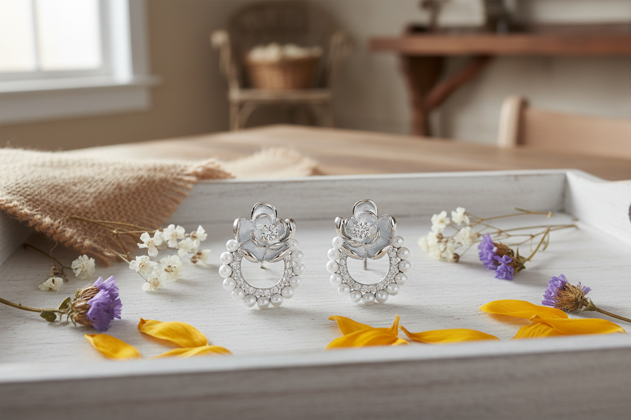 Pearl Flower Crystal Stud Earrings – Sterling Silver 925