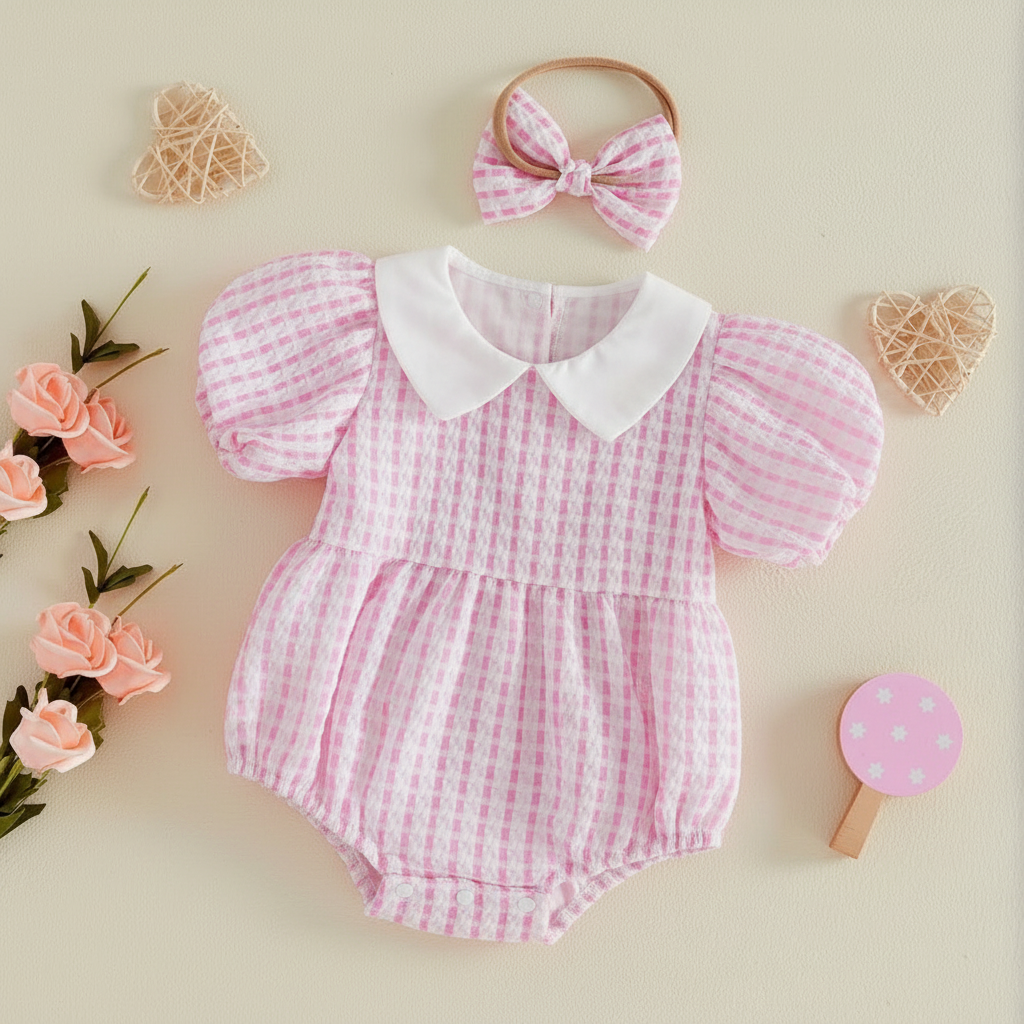 Baby Girl Pink Gingham Bubble Romper & Bow Headband Set – Peter Pan Collar & Puff Sleeves