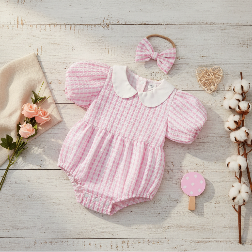 Baby Girl Pink Gingham Bubble Romper & Bow Headband Set – Peter Pan Collar & Puff Sleeves