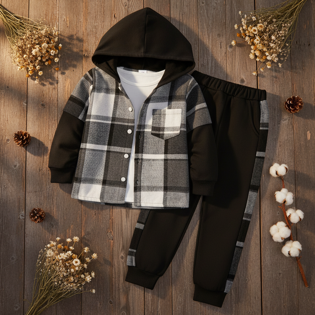 Baby Boy Plaid Hooded Shacket & Jogger 3-Piece Set