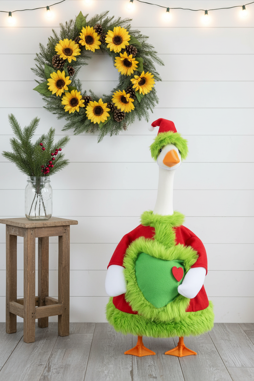 Christmas Goose Costume – Green Monster Holiday Outfit with Santa Hat & Heart for Porch Lawn Goose