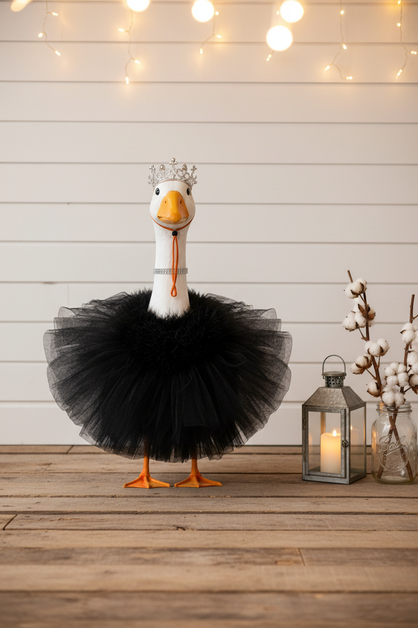 3pc Princess Porch Goose Outfit – Black Tutu, Crown & Rhinestone Necklace (Fits 17"–23" Porch Goose)