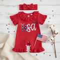 Baby Girl "USA" Waffle Knit Ruffle Romper & Bow Headband Set – Patriotic Fourth of July