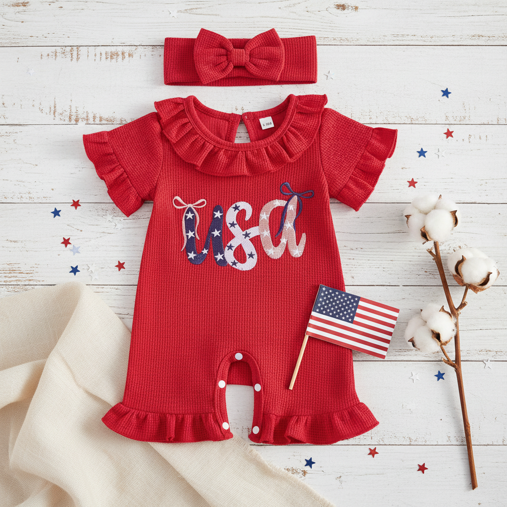 Baby Girl "USA" Waffle Knit Ruffle Romper & Bow Headband Set – Patriotic Fourth of July