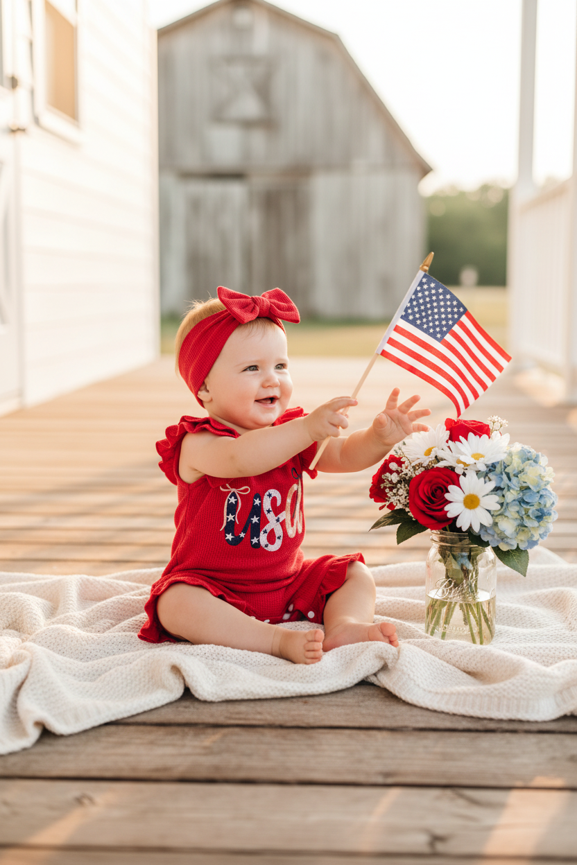 Baby Girl "USA" Waffle Knit Ruffle Romper & Bow Headband Set – Patriotic Fourth of July