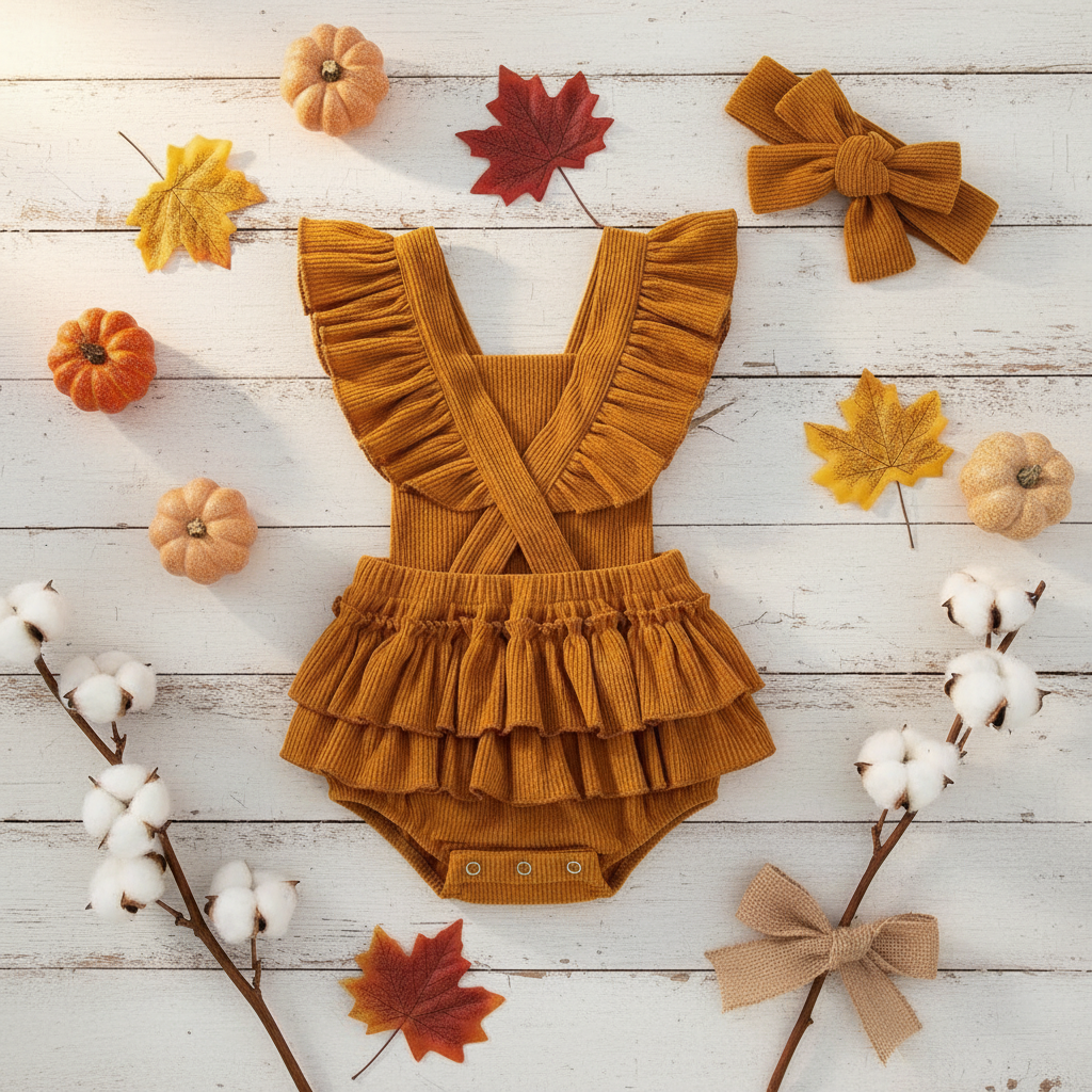 Golden mustard ruffle romper with crossback straps and matching bow headband on white barn wood background with pumpkins and fall leaves