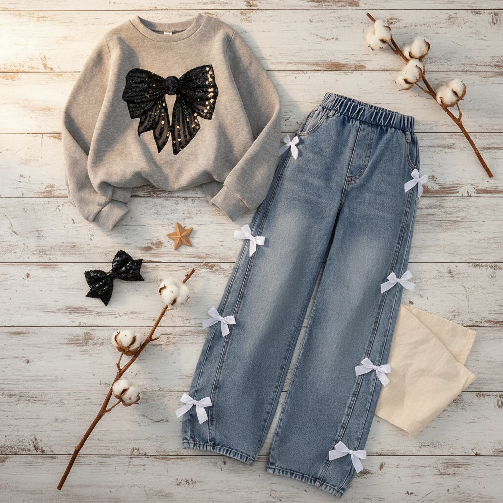 Sequin Bow Sweatshirt & Bow Denim Set