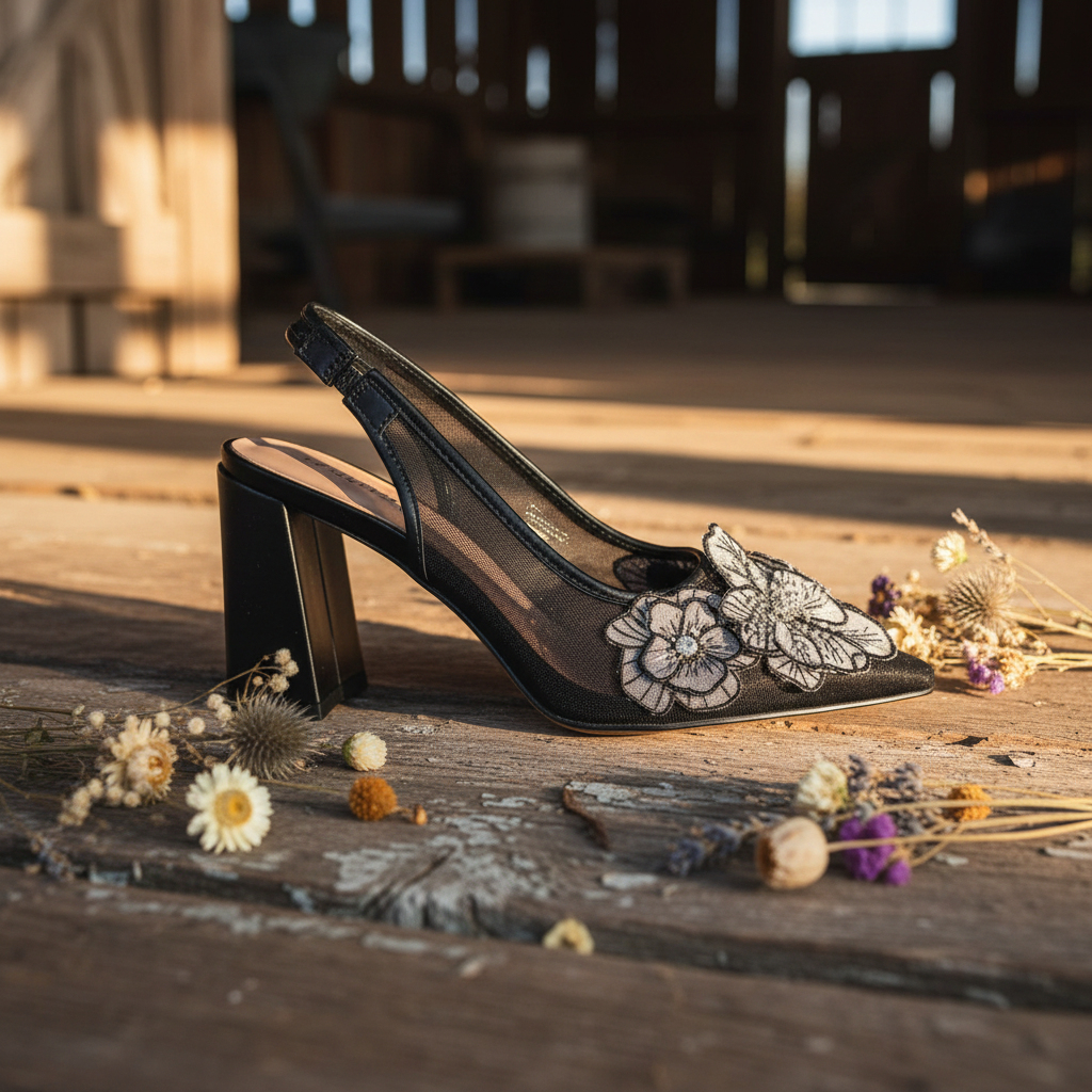 Black Floral Embroidered Mesh Slingback Block Heel