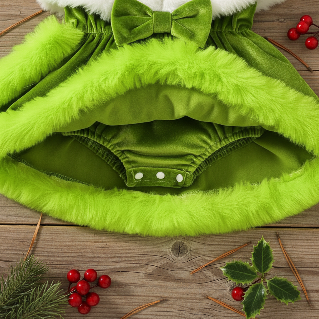 Holiday Green Velvet Romper Dress with Hat