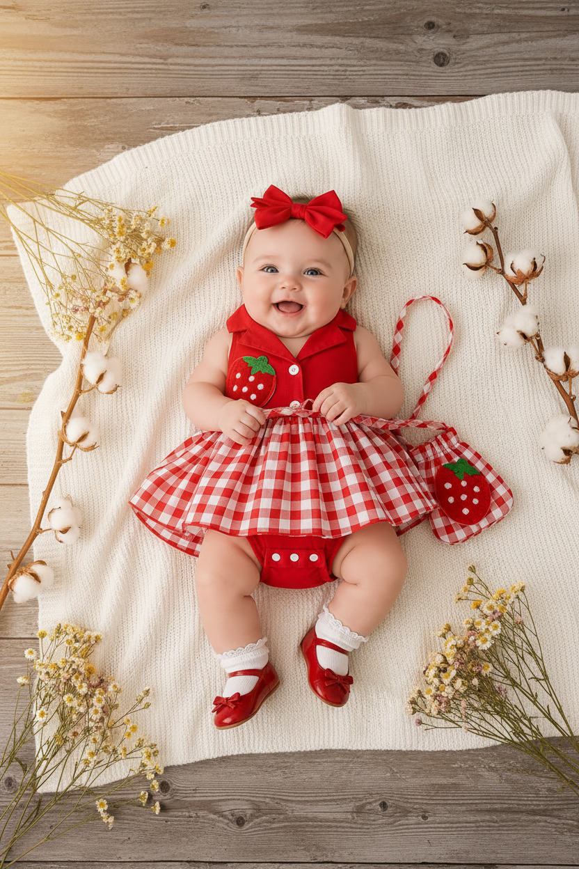 Strawberry Gingham Romper Dress with Mini Purse