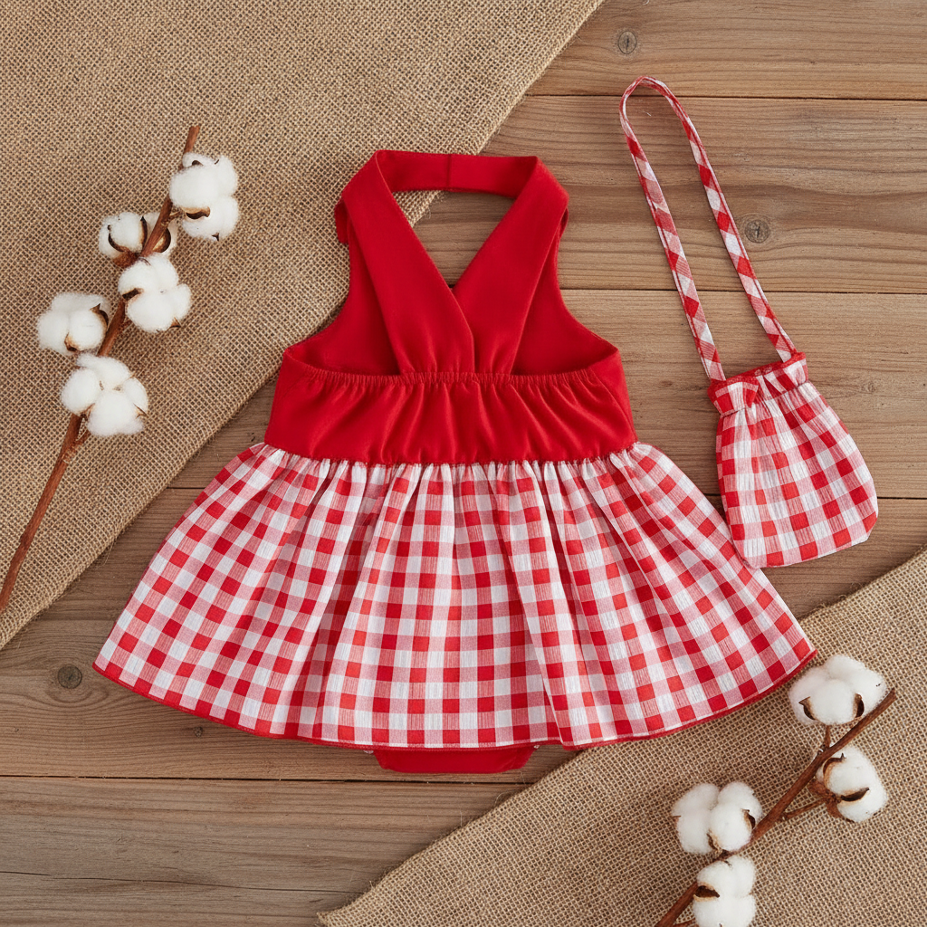 Strawberry Gingham Romper Dress with Mini Purse