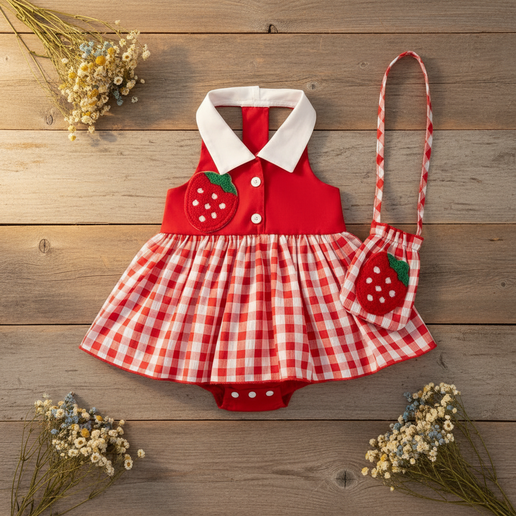 Strawberry Gingham Romper Dress with Mini Purse