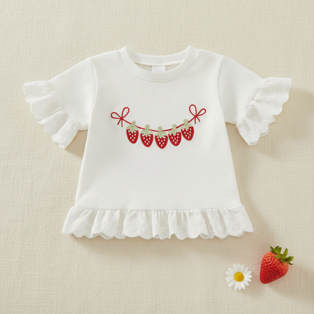 Girls' Strawberry Garland Ruffle Top & Red Gingham Bell Pants Set – Eyelet Lace Trim