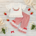 Girls' Strawberry Garland Ruffle Top & Red Gingham Bell Pants Set – Eyelet Lace Trim