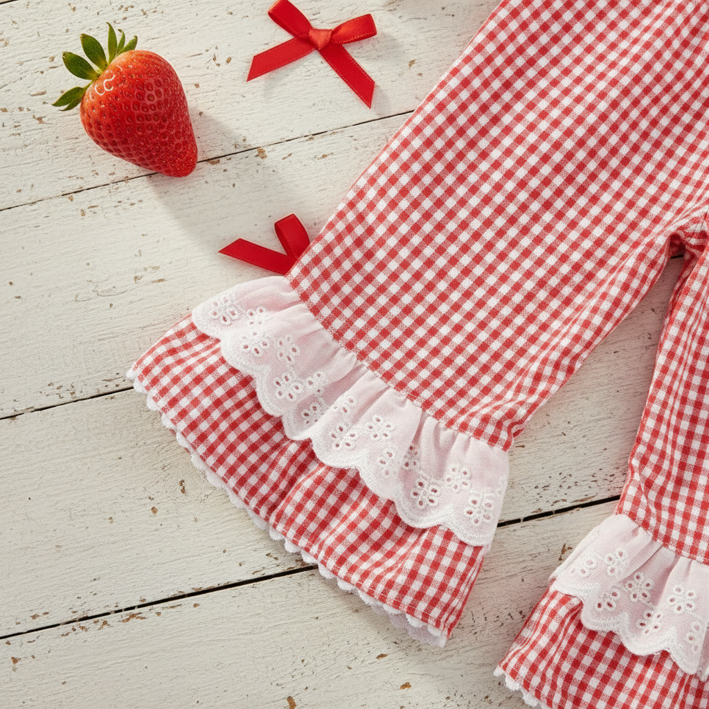 Girls' Strawberry Garland Ruffle Top & Red Gingham Bell Pants Set – Eyelet Lace Trim