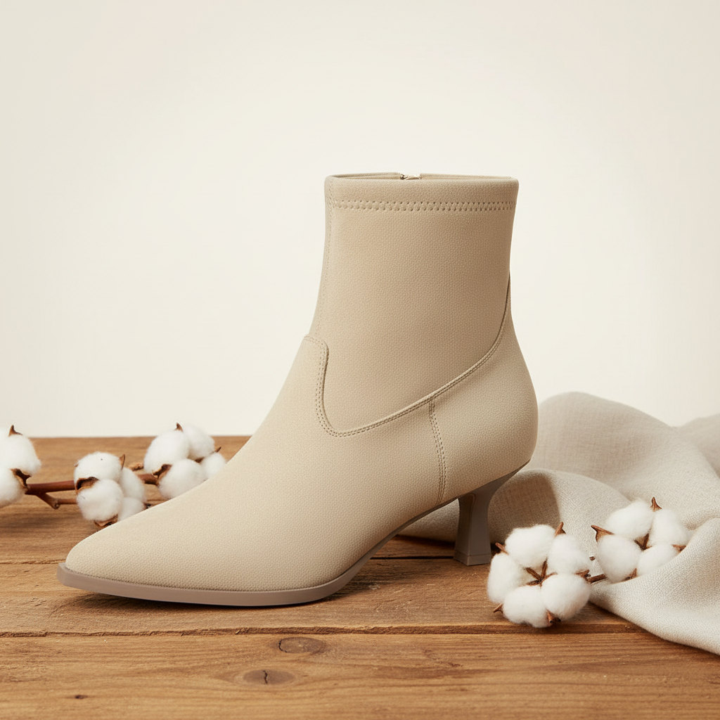 Women's Cream Suede Pointed Toe Ankle Boots with Kitten Heel