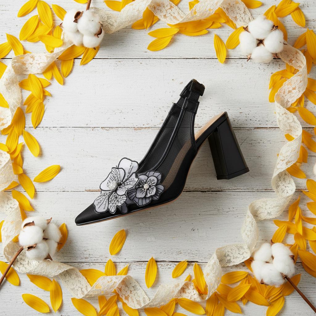 Black Floral Embroidered Mesh Slingback Block Heel