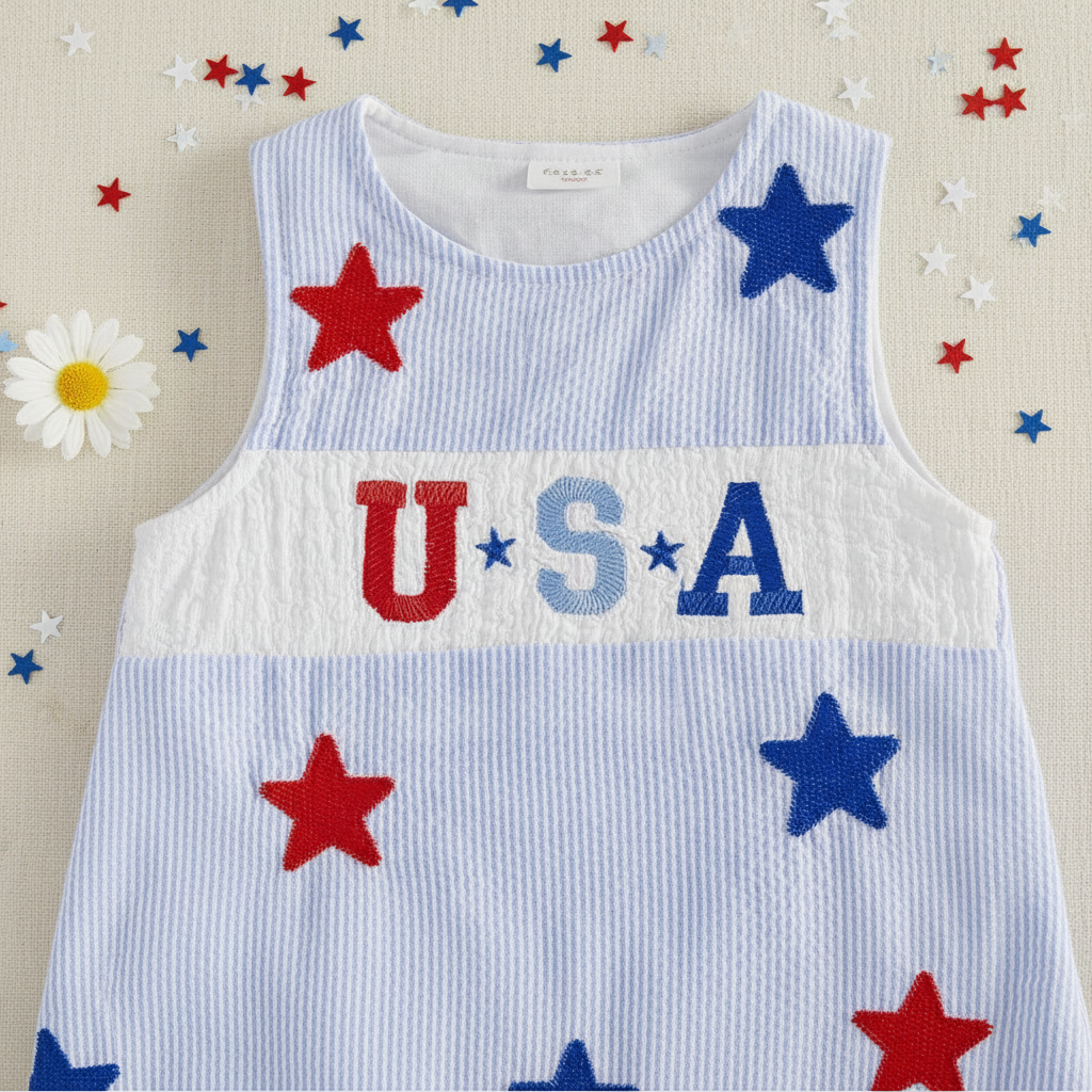 Baby "U·S·A" Seersucker Romper – Embroidered Stars & Patriotic Shortall