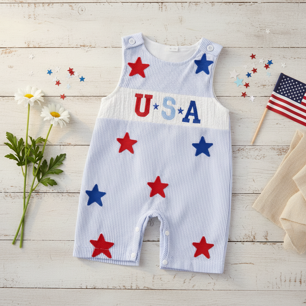 Baby "U·S·A" Seersucker Romper – Embroidered Stars & Patriotic Shortall